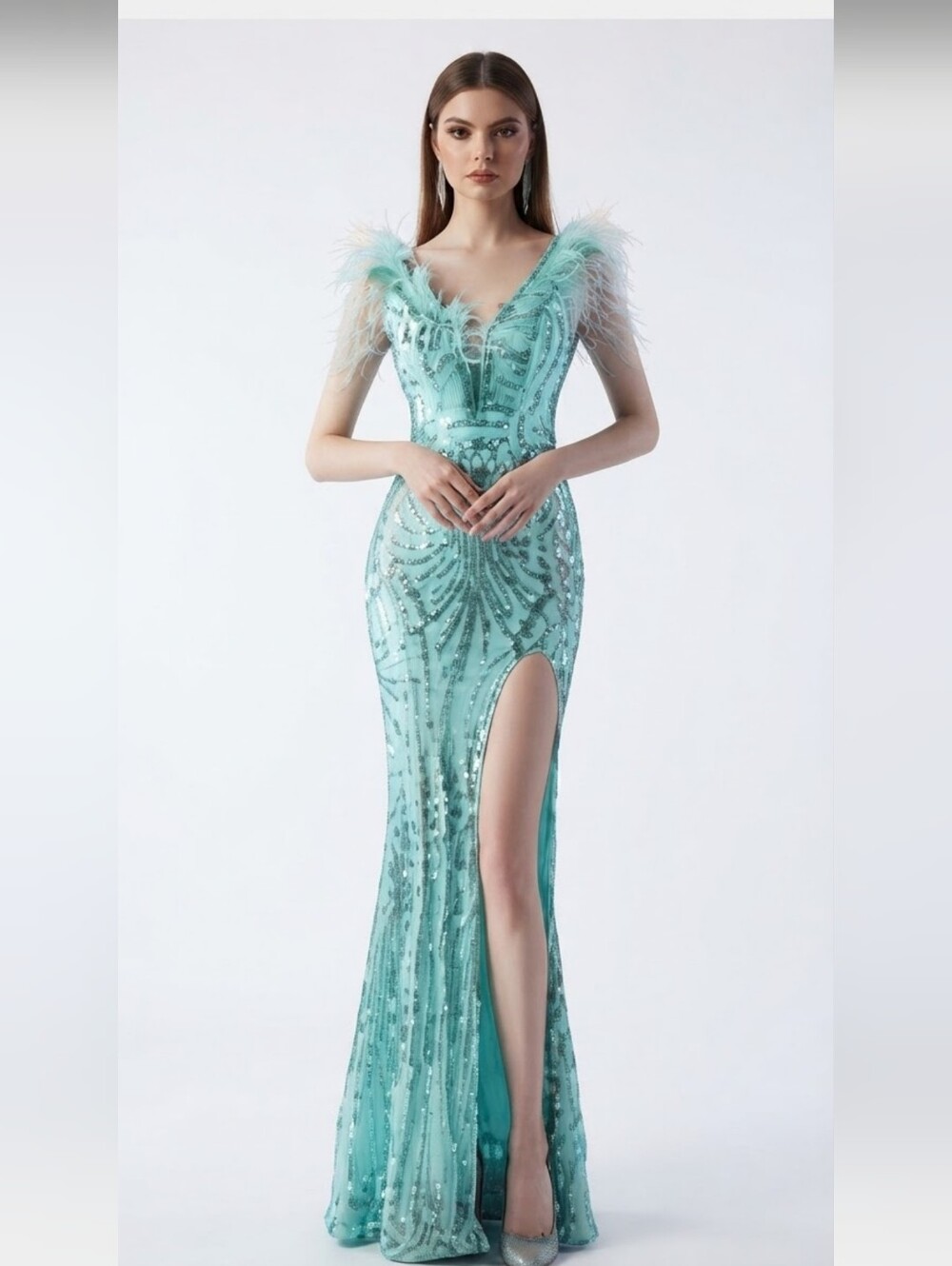 Green, Geo Print, Ostrich Feather V Neck, Beaded Draped Sleeves Sequined Gown